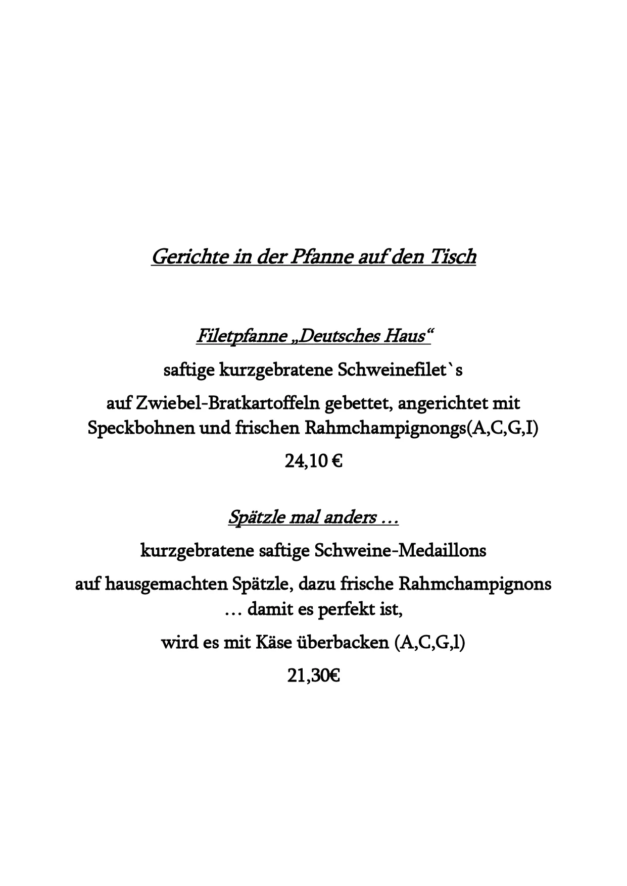 Deutsches Haus - Restaurant - Speisekarte