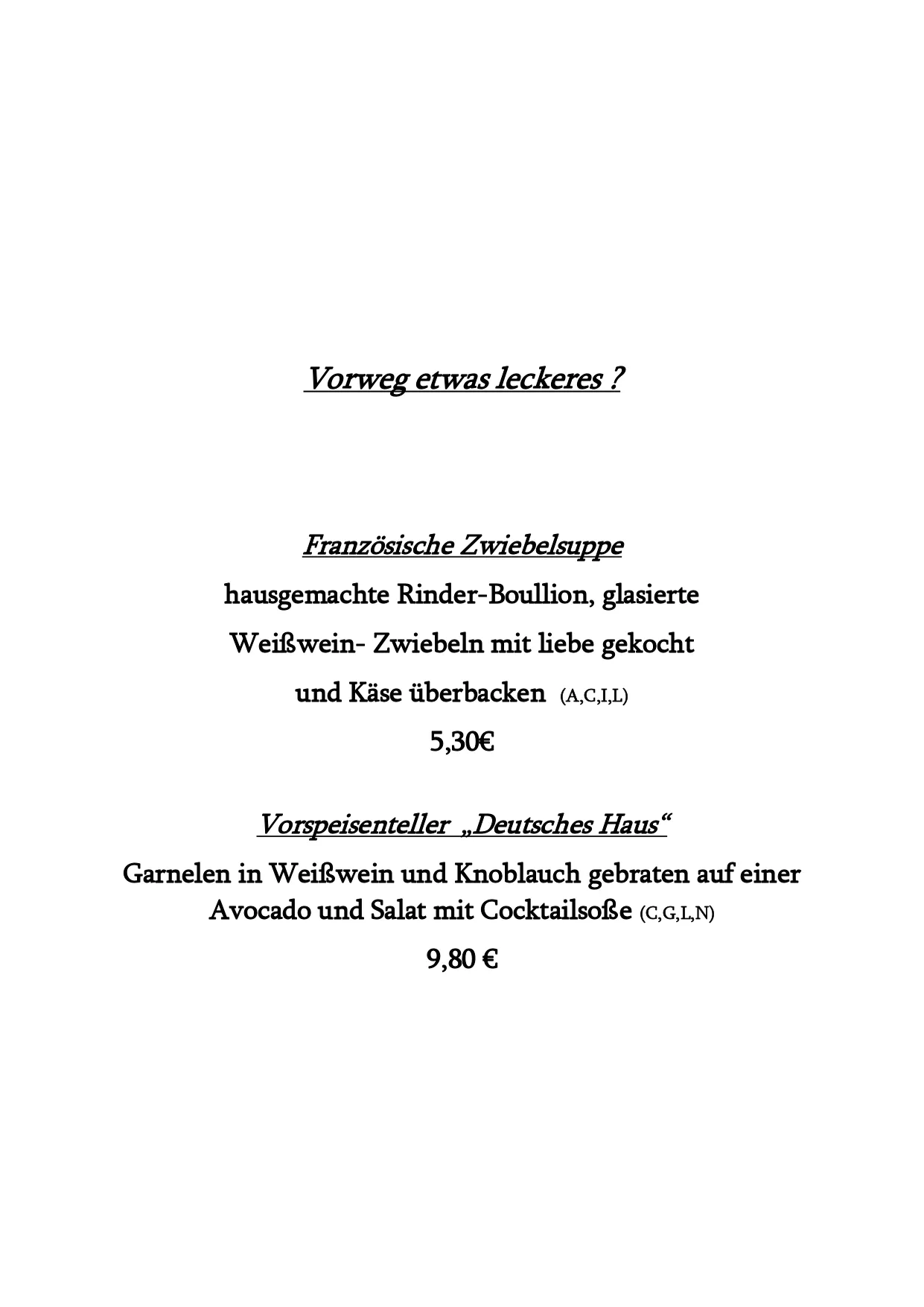 Deutsches Haus - Restaurant - Speisekarte